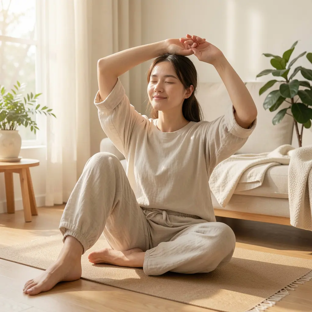 Calm morning routine with gentle stretching and relaxation